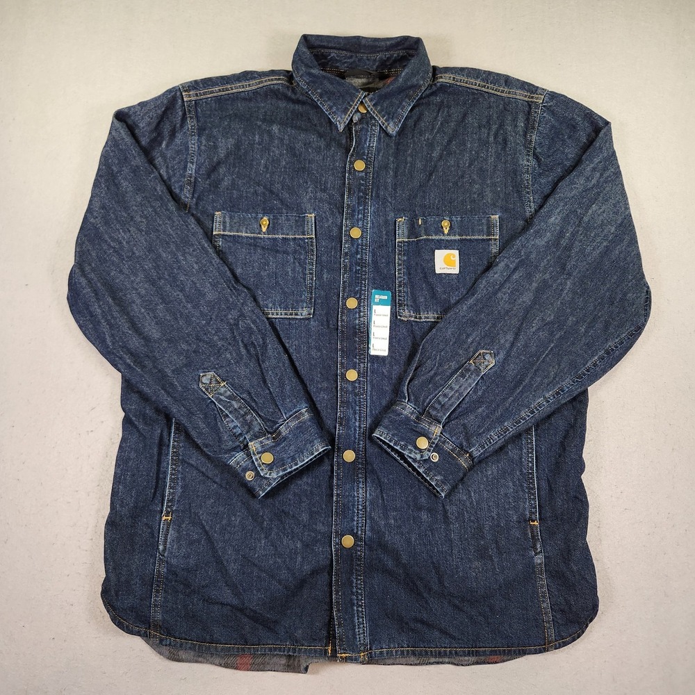 Carhartt Relaxed Fit Denim Fleece Lined Snap Shirt Jacket Sz L NWT